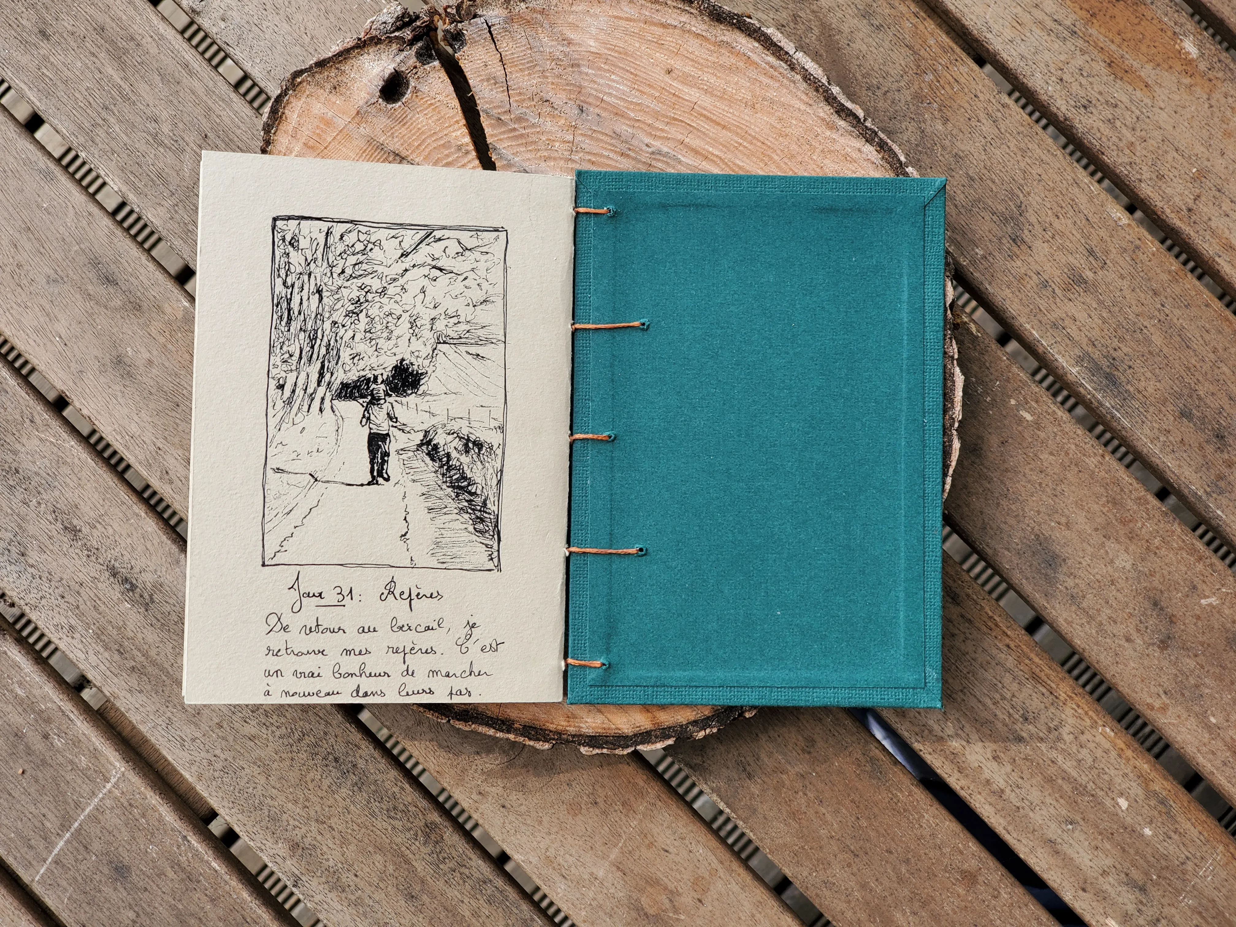 Aventure fictive en Tanzanie au Mont Hanang, Carnet fabriqué et relié à la main, dernière page, illustrations stylo encre noire, Juliette Alcaraz, 2025.