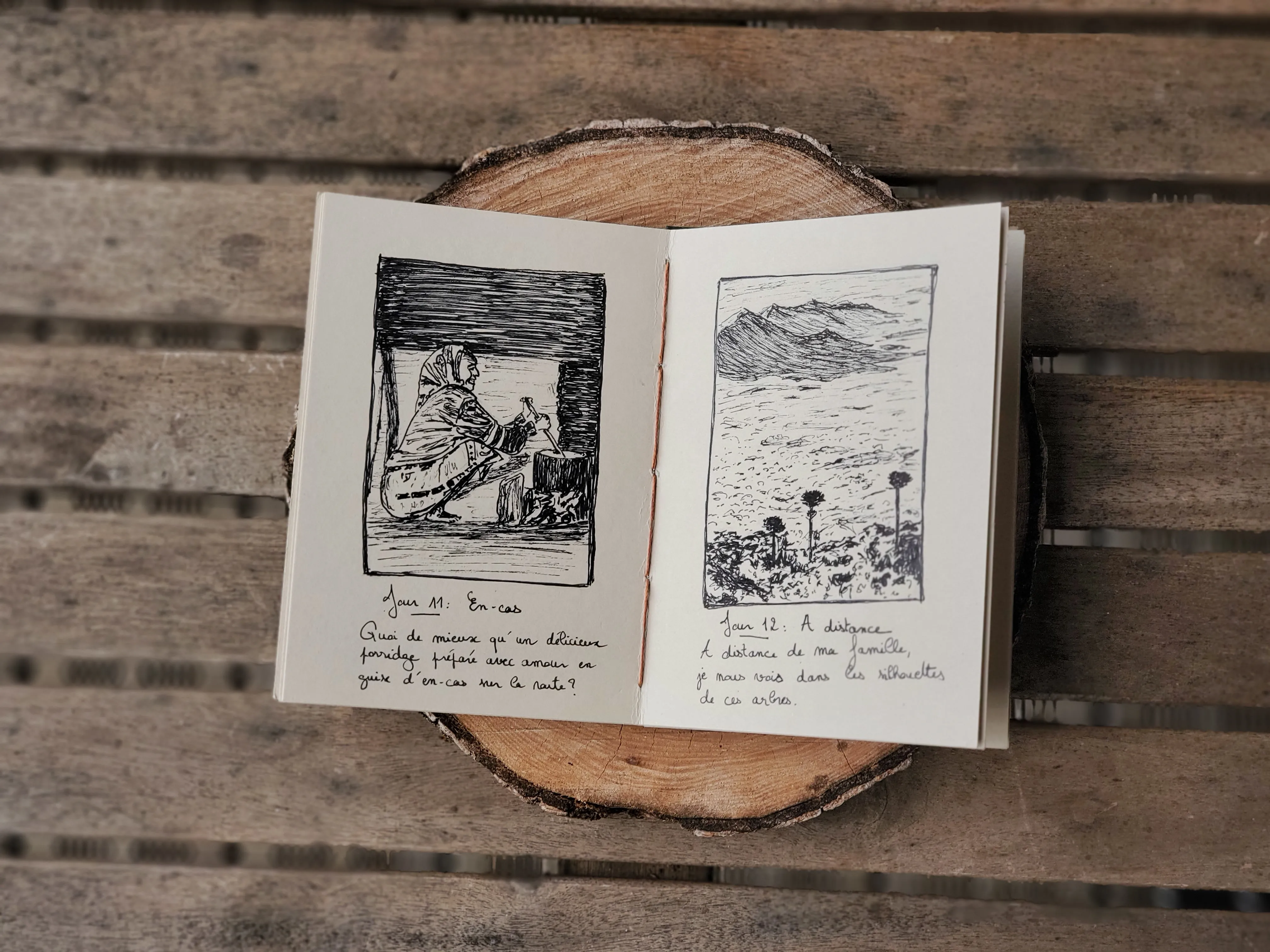 Aventure fictive en Tanzanie au Mont Hanang, Carnet fabriqué et relié à la main, intérieur, illustrations stylo encre noire, Juliette Alcaraz, 2025.