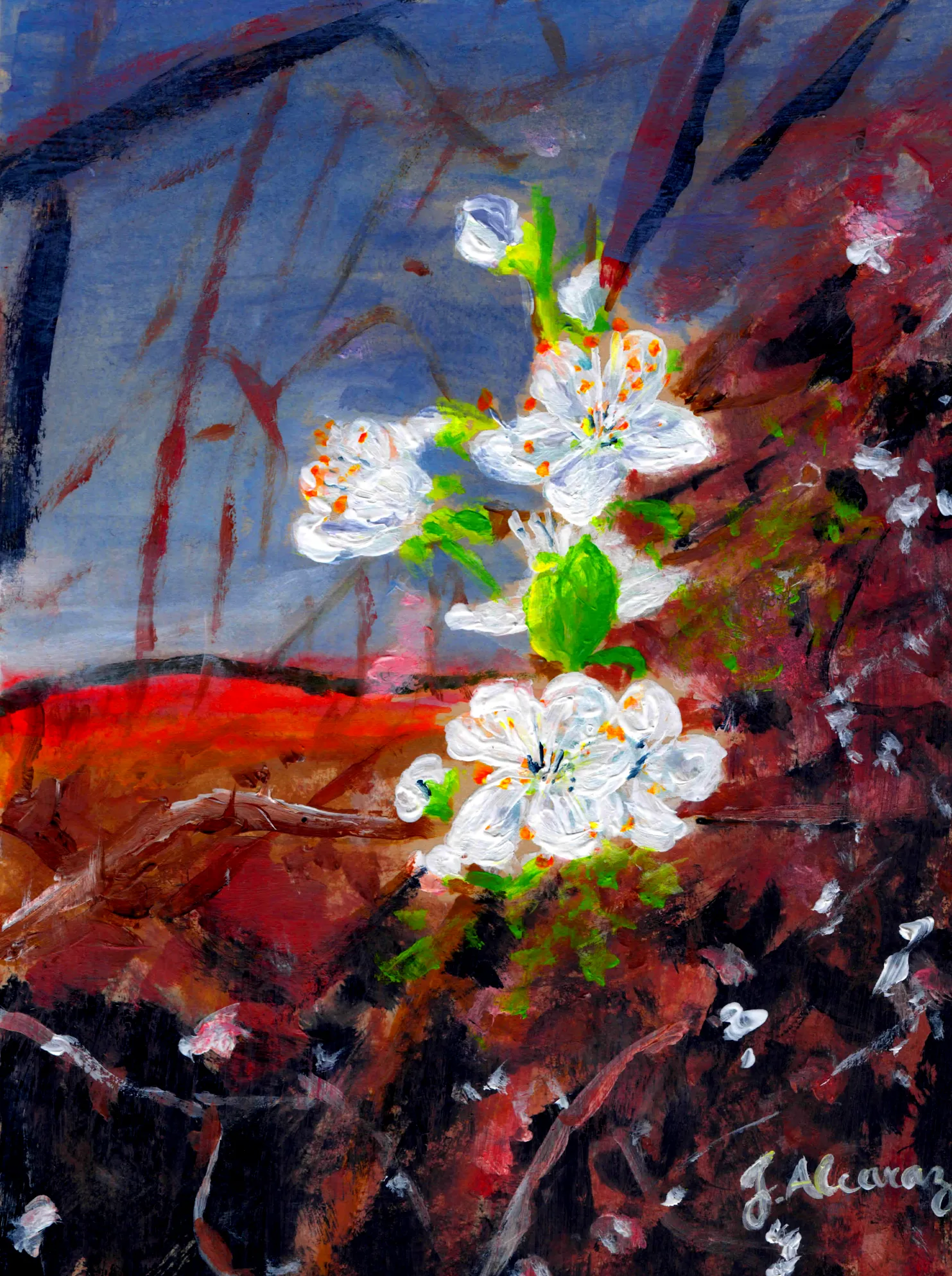 Fleur de prunus au soleil couchant, acrylique sur papier, 21 x 14,8 cm², Juliette Alcaraz, 2026