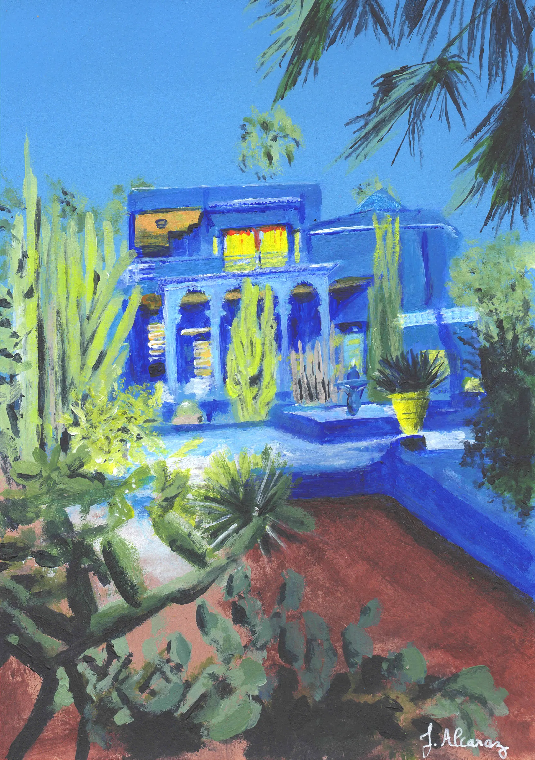 Jardin Majorelle - acrylique sur papier d'après photo 21 x 14,8 cm - Juliette Alcaraz 2026