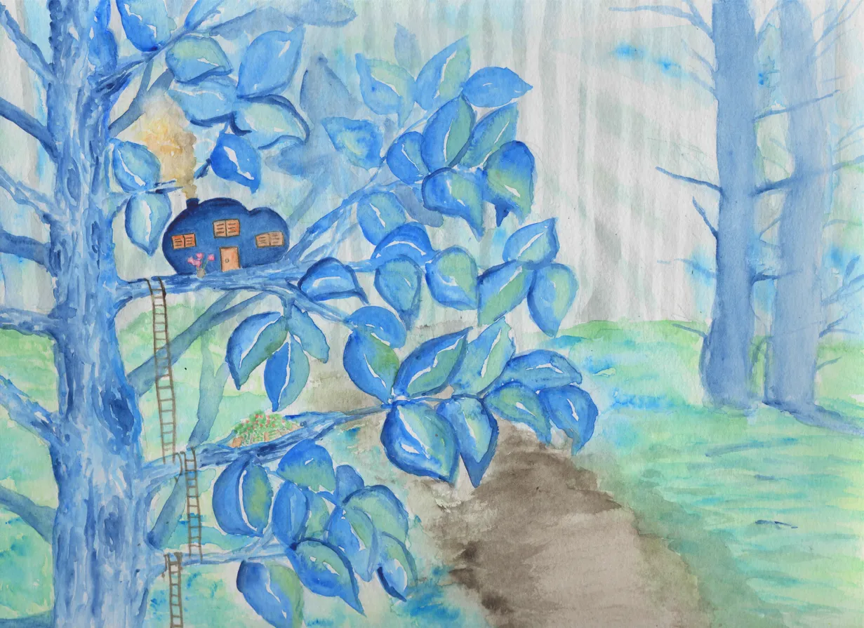 Maison de Tipilip dans la forêt bleue, aquarelle 24 x 32 cm², Juliette Alcaraz, 2026