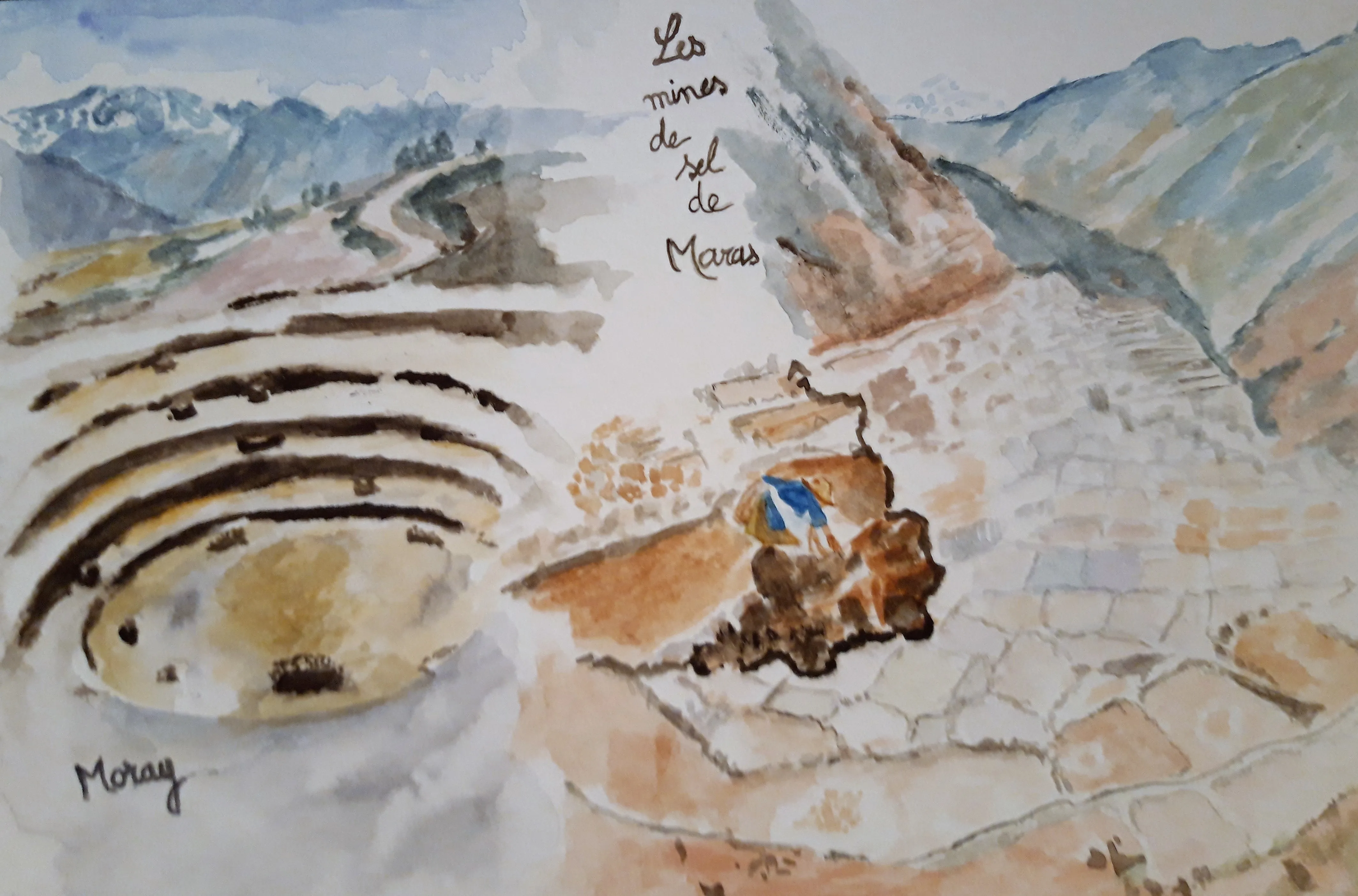 Moray et les mines de Maras, extrait du carnet de voyage "Couleurs péruviennes", acrylique sur papier, 21 x 14,8 cm², Juliette, Alcaraz, 2020.