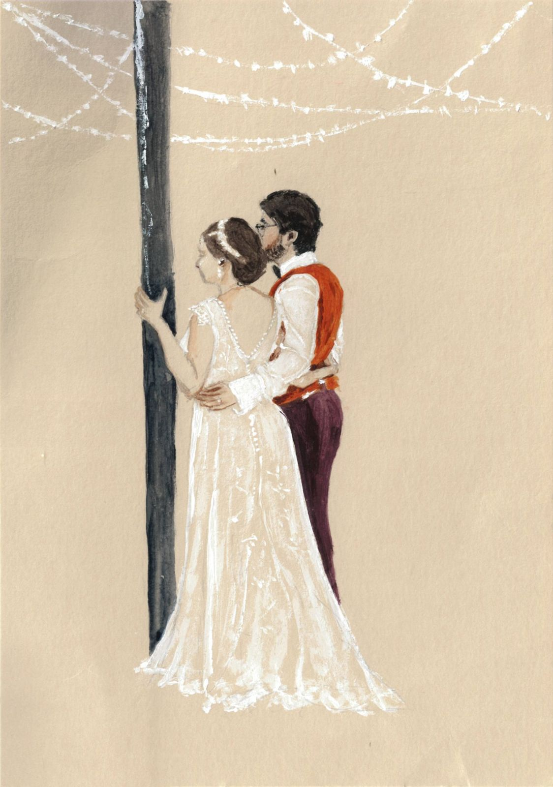 Portrait des mariés, acrylique sur feuille sépia A5