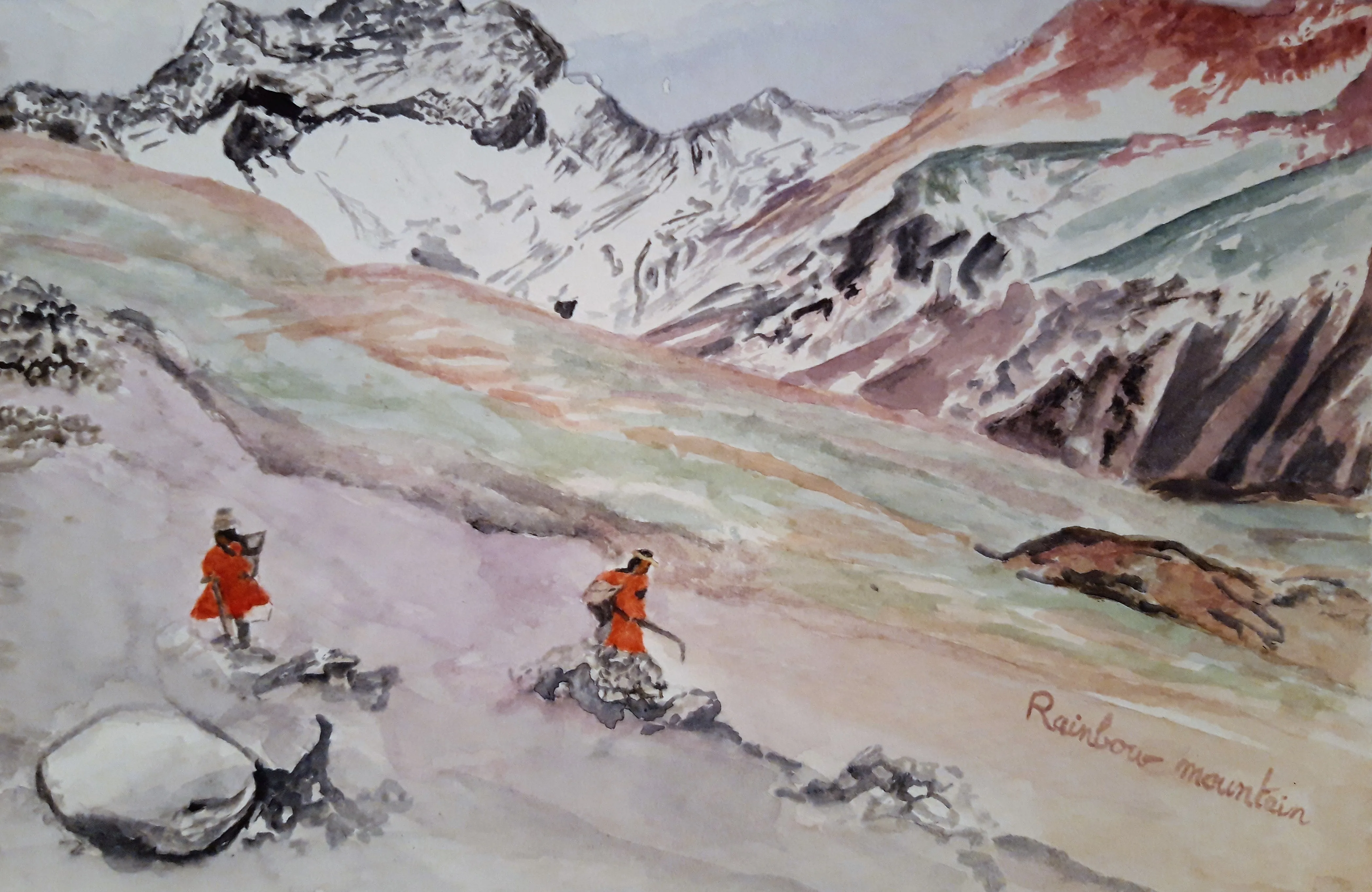 Rainbow mountains, extrait du carnet de voyage "Couleurs péruviennes", acrylique sur papier, 21 x 14,8 cm², Juliette, Alcaraz, 2020.