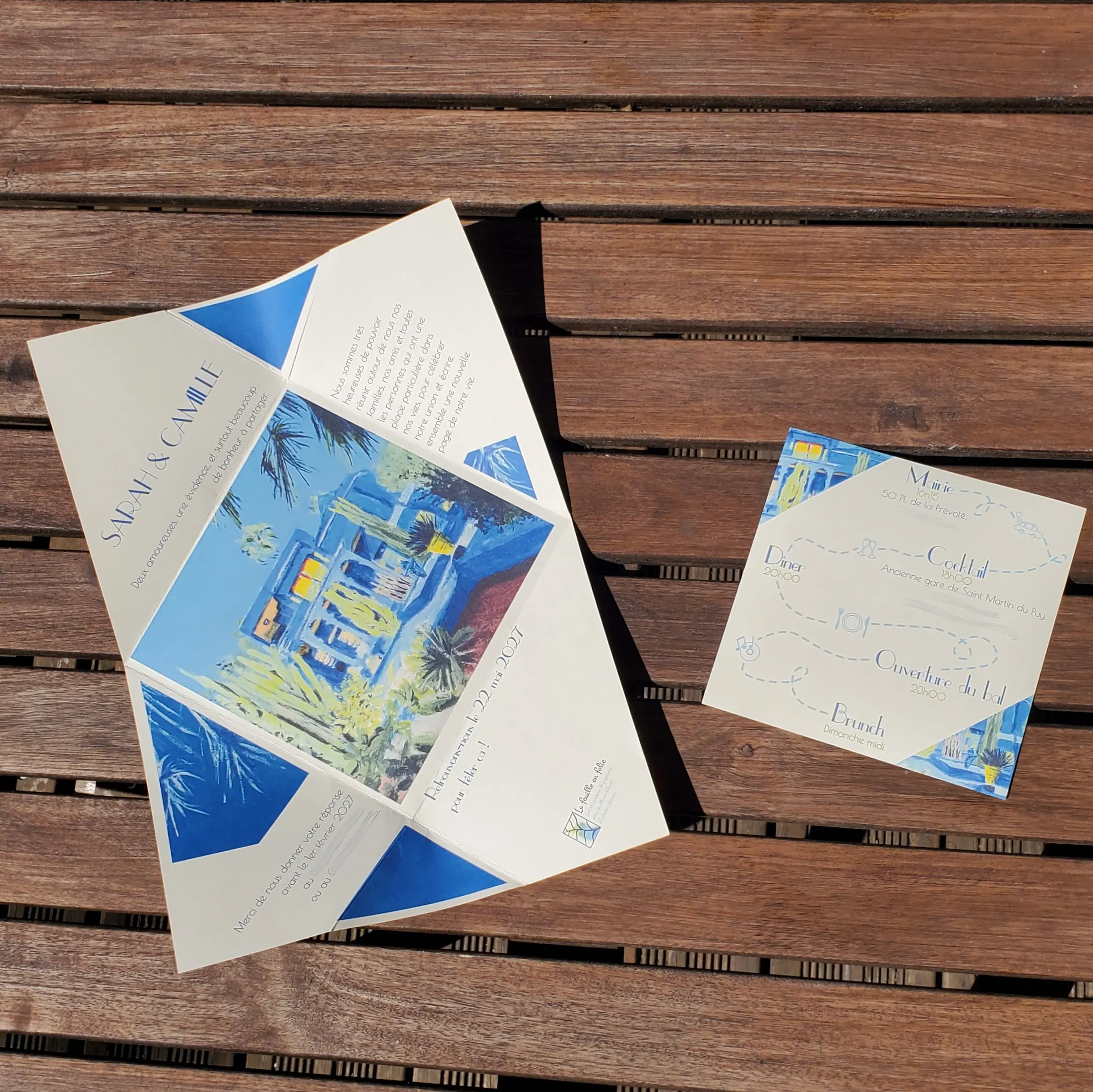 Faire-part de mariage - Bleu majorelle - La feuille en folie