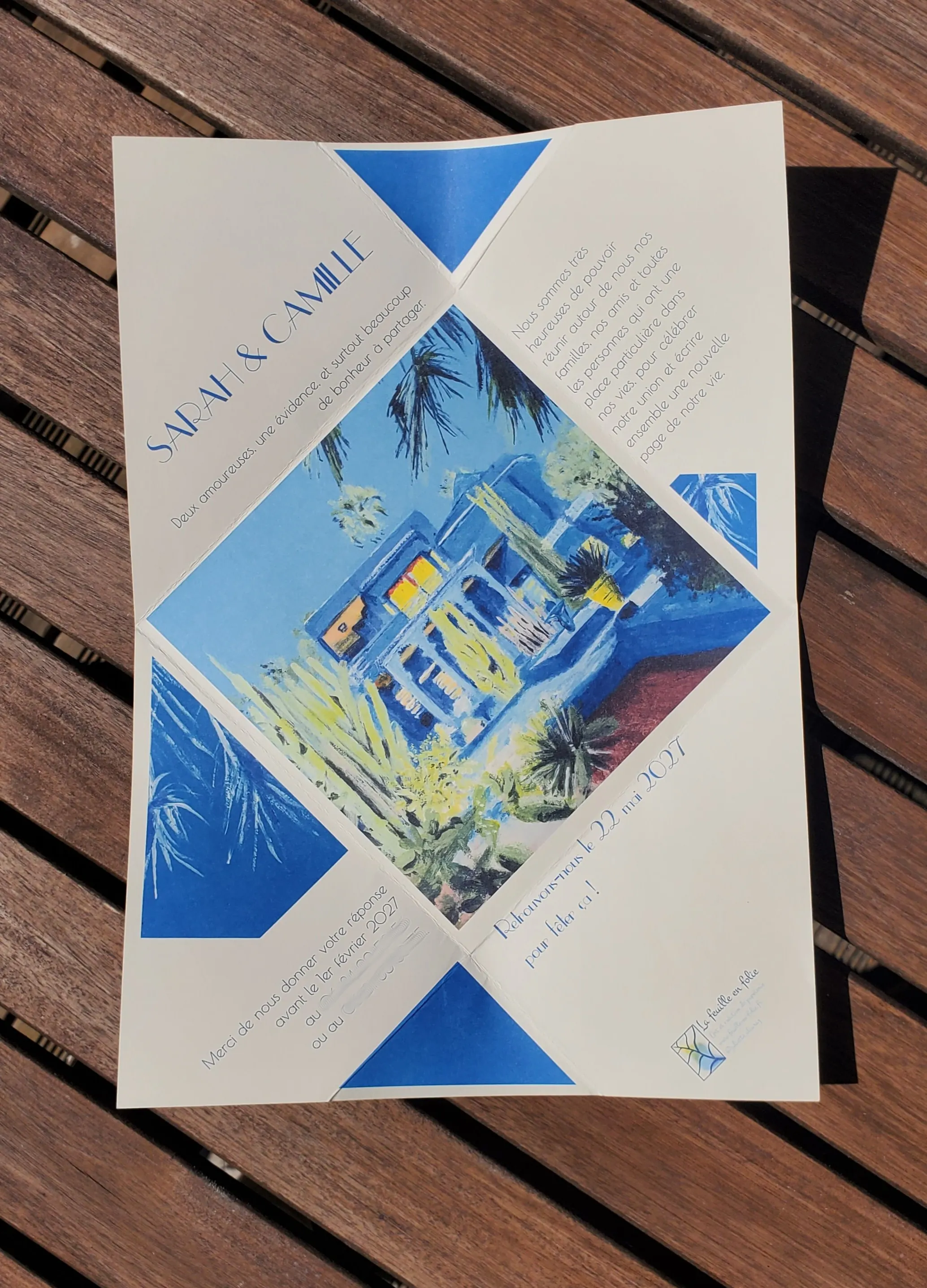 Faire-part de mariage - Bleu majorelle - Enveloppe - La feuille en folie