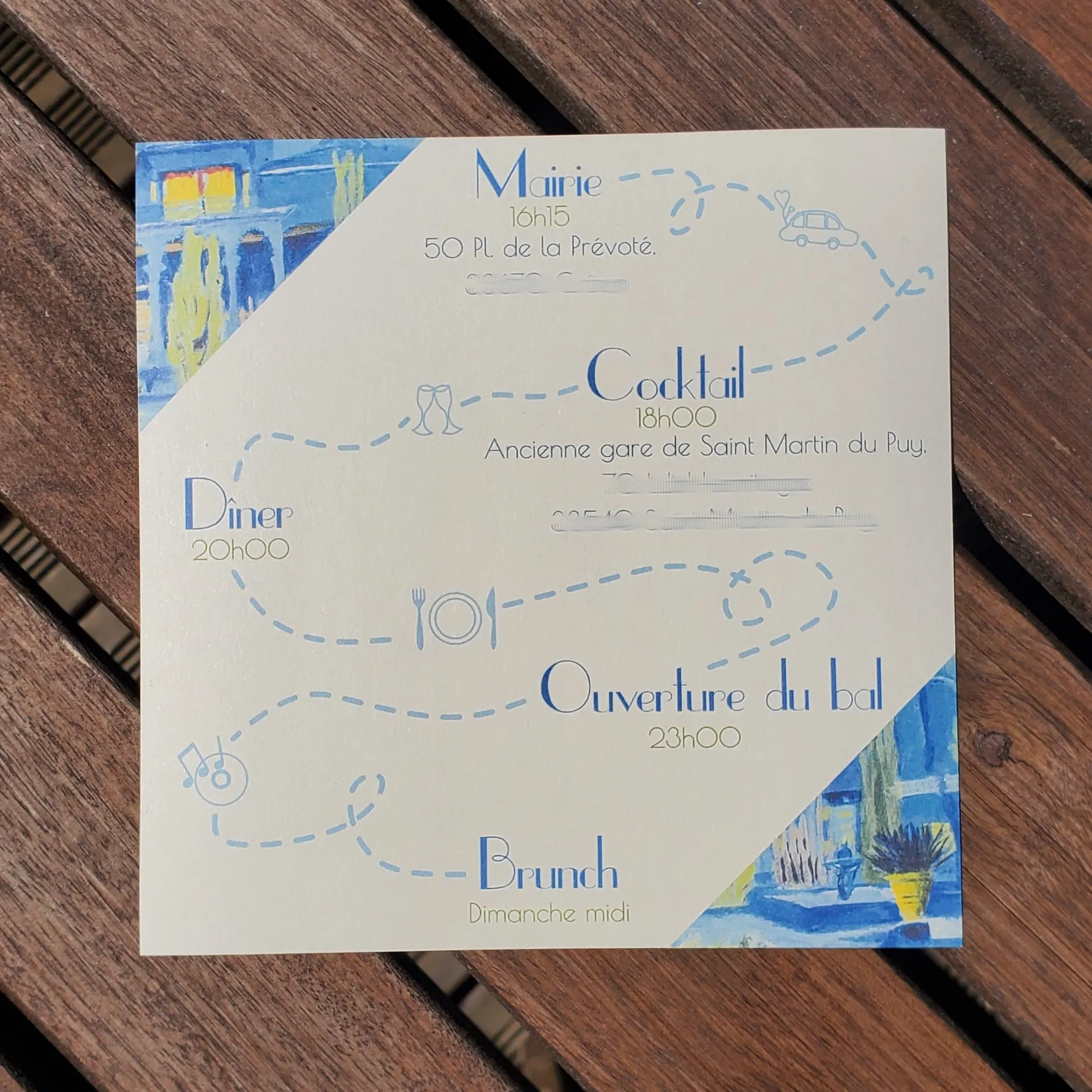 Faire-part de mariage - Bleu majorelle - Programme - La feuille en folie